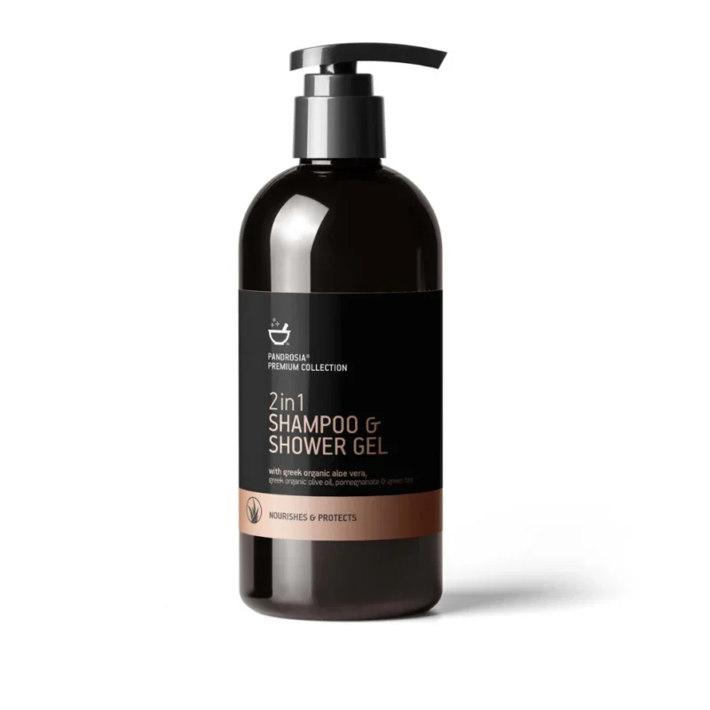 PANDROSIA Greek Treasures Σαμπουάν - Αφρόλουτρο, 2 σε 1 με βιολογική αλόη, βιολογικό λάδι ελιάς, ρόδι & πράσινο τσάι 500ml